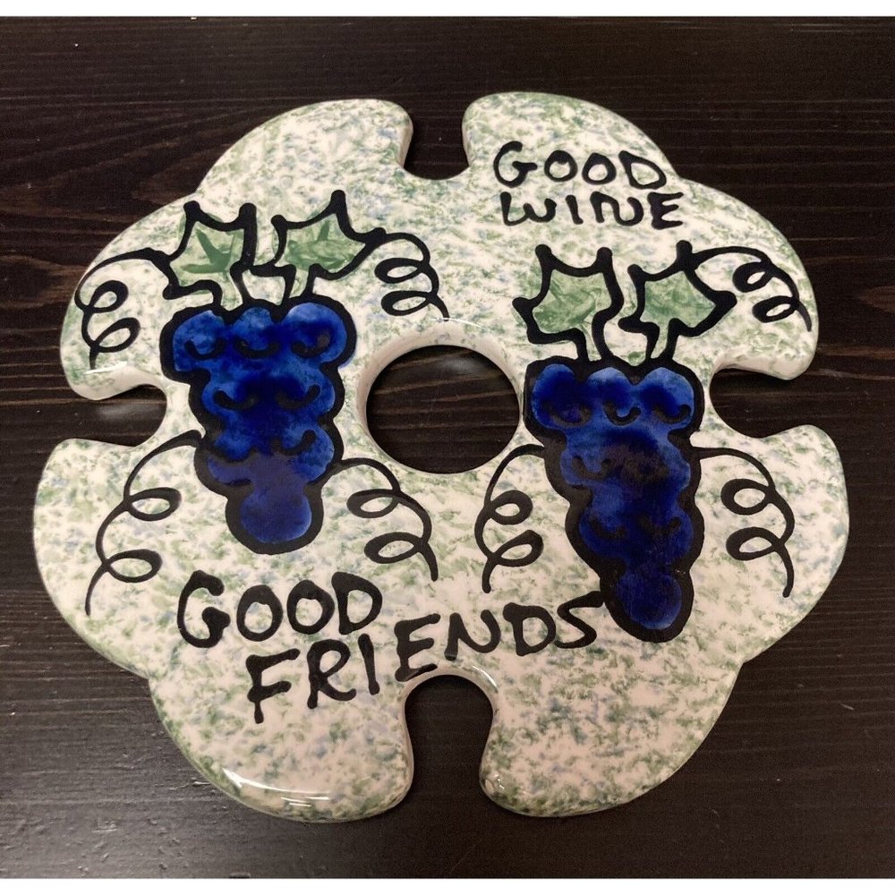 Good Friends Good Wine Glazed Ceramic Trivet Cheese Serving Tray Grapes Bunches